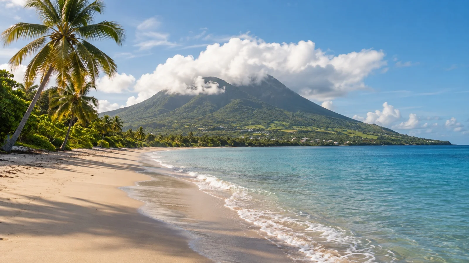 Quiet Nevis beach with volcanic Nevis Peak beyond