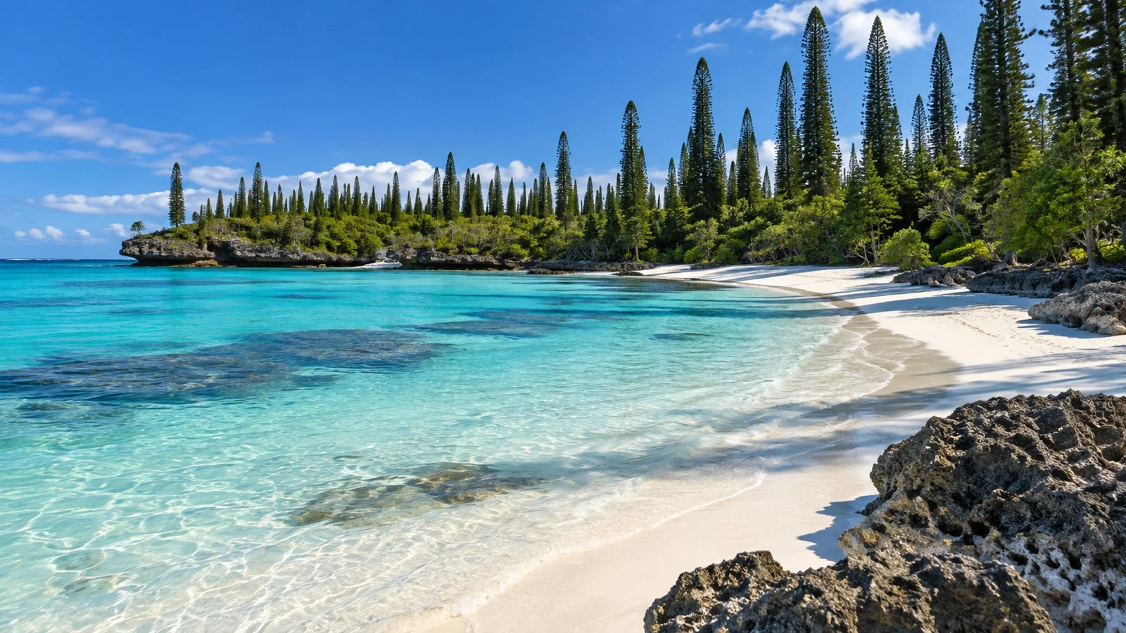 White sand beach and tall pines beside the lagoon on New Caledonia's Isle of Pines