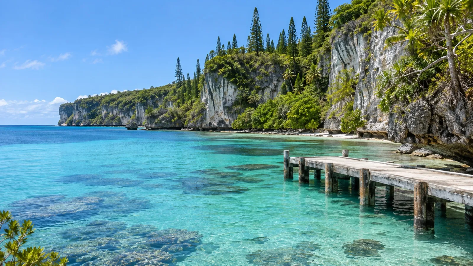Limestone cliffs and clear turquoise lagoon on Lifou Island in New Caledonia