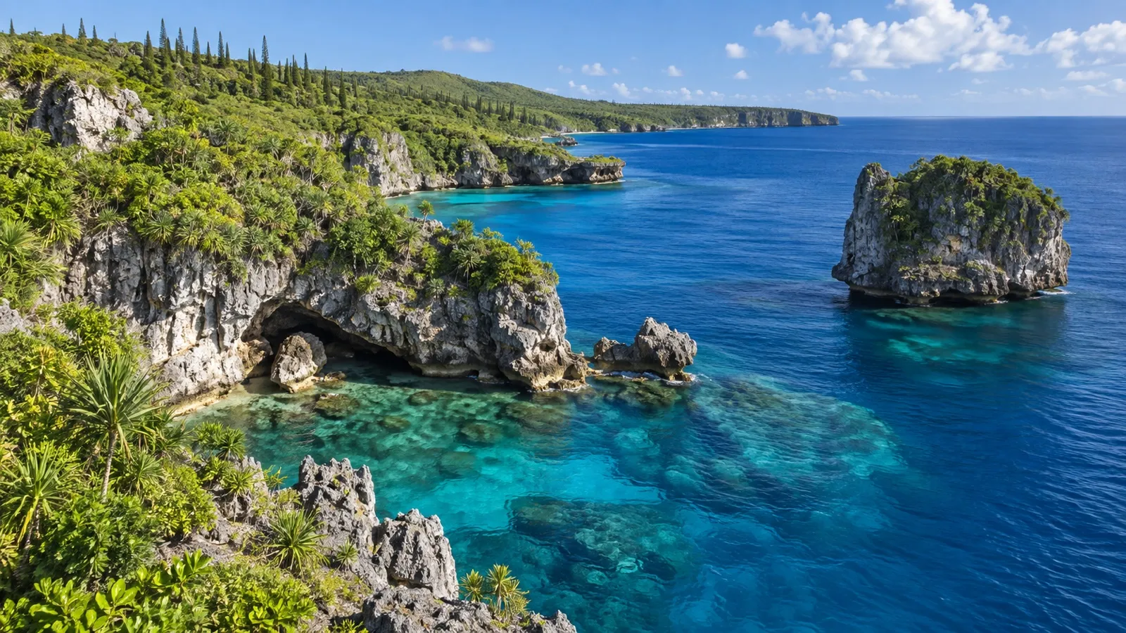 Rugged limestone shore and blue Pacific water on Maré Island in New Caledonia