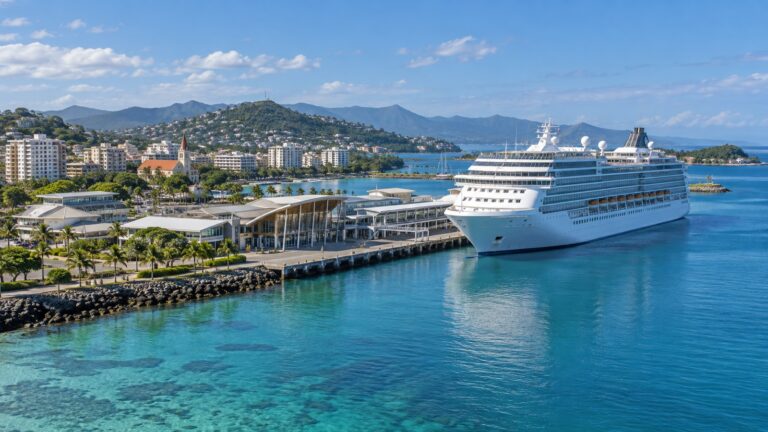 Cruise ship at Noumea waterfront beside New Caledonia's tropical lagoon