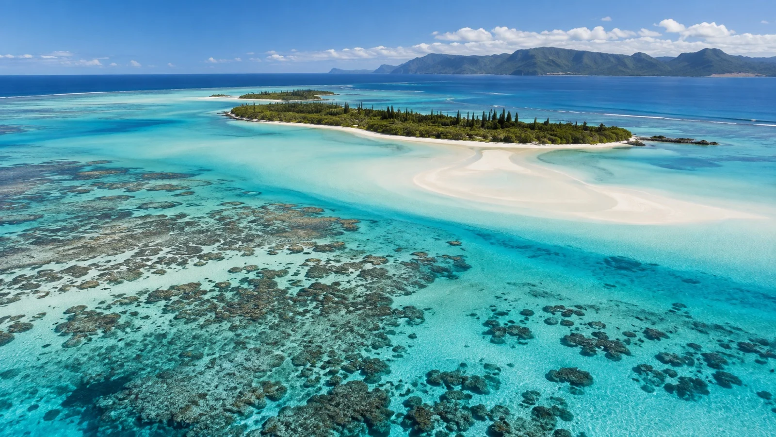 Clear protected New Caledonia lagoon with sandbars and visible coral reef patterns