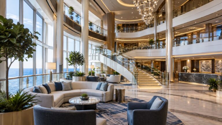 Bright modern empty cruise ship atrium with fresh furnishings