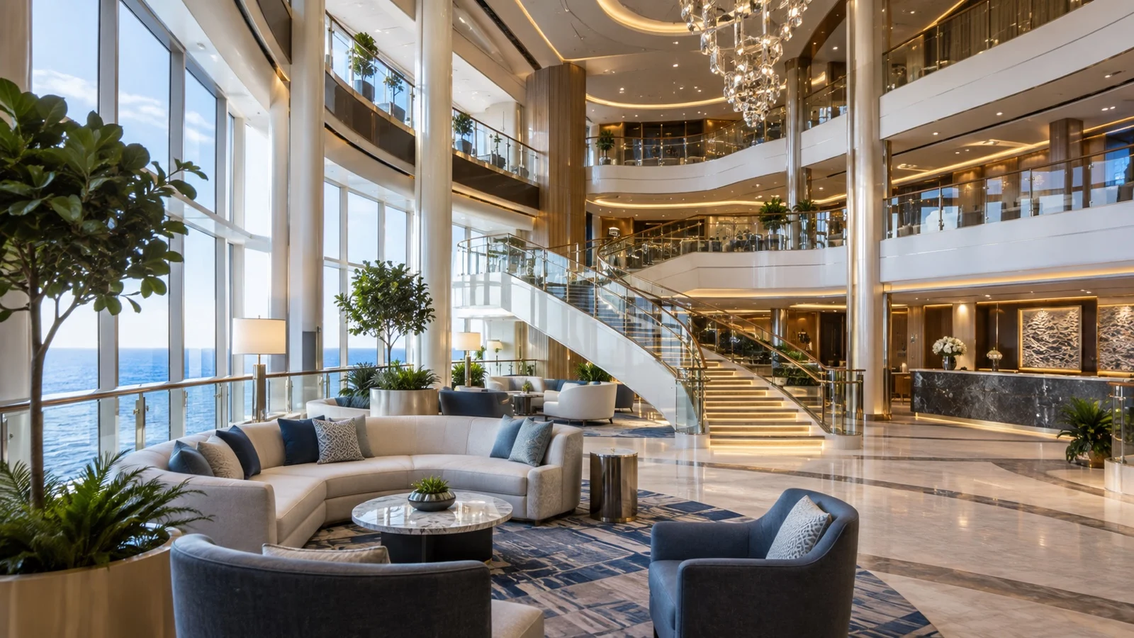 Bright modern empty cruise ship atrium with fresh furnishings