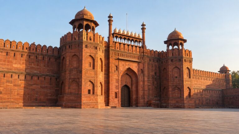 Red sandstone gateway and walls of the Red Fort in Old Delhi