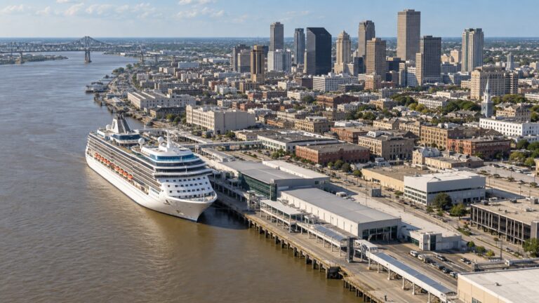 Cruise ship docked on the Mississippi River beside downtown New Orleans