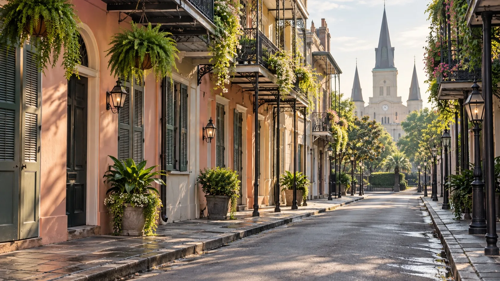 Quiet French Quarter street with pastel facades, wrought-iron balconies, and a church in the distance