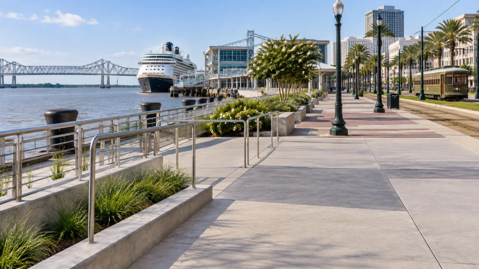 Wide level riverfront walkway with a ramp, streetcar, and cruise ship in New Orleans