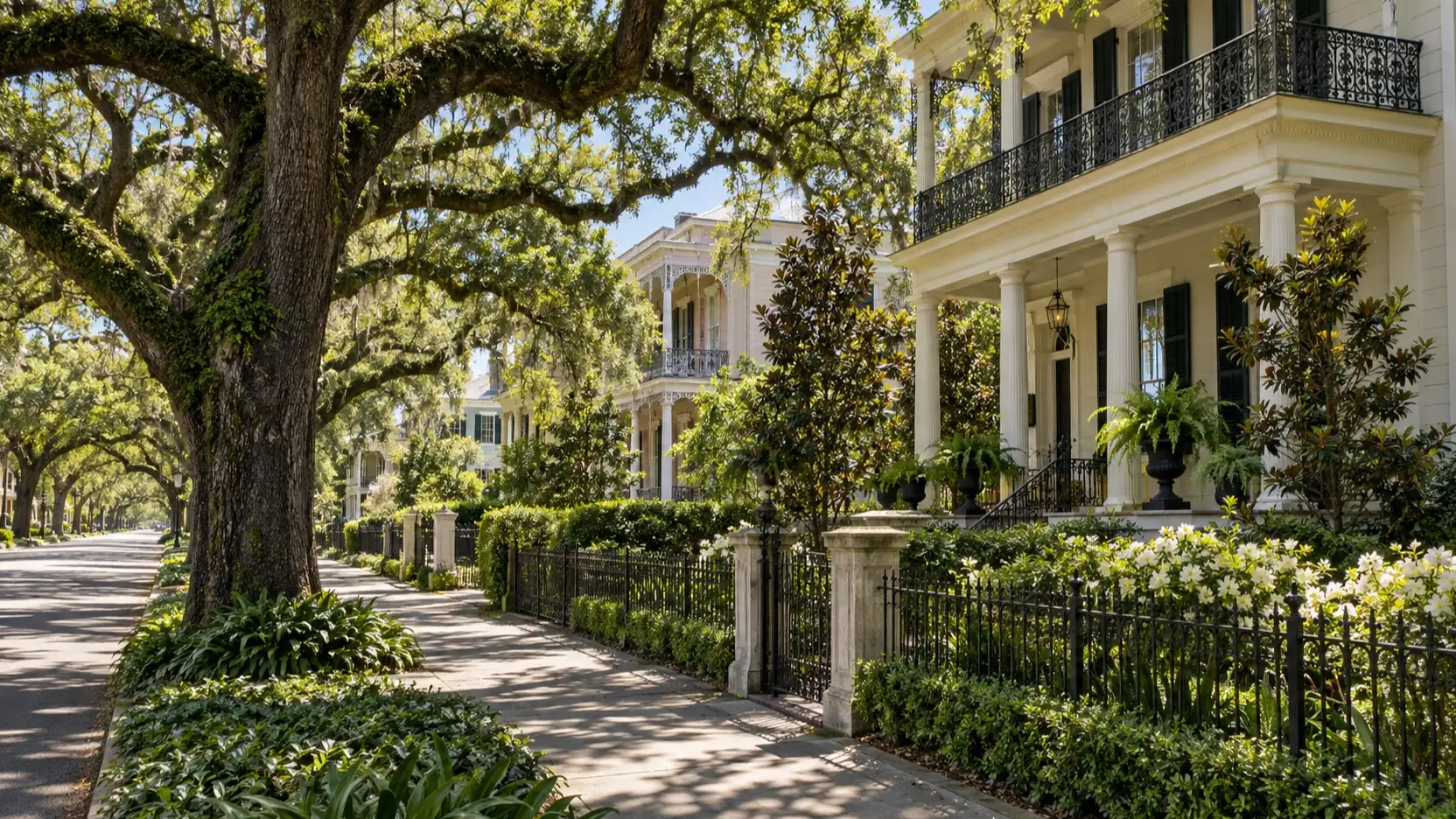 Garden District houses and a shaded sidewalk beneath live oak trees in New Orleans