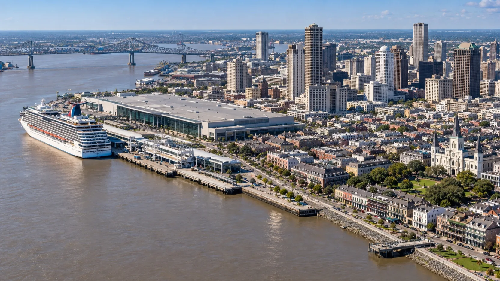 Aerial view of New Orleans' riverfront cruise terminal