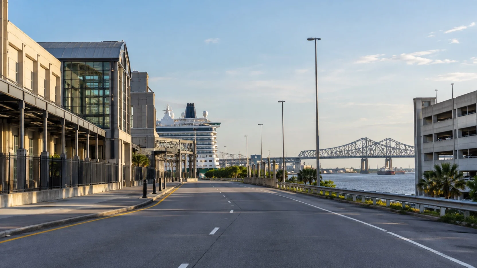 Road leading toward New Orleans' riverfront cruise terminal