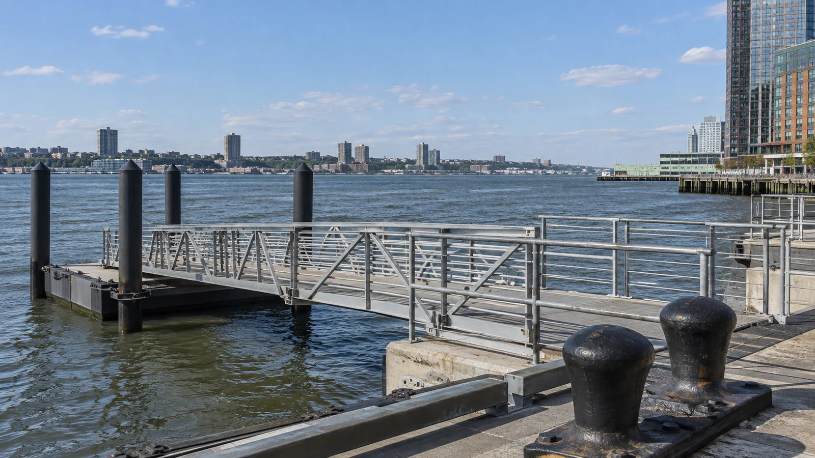Gangway at a Manhattan Hudson River pier facing the New Jersey shoreline