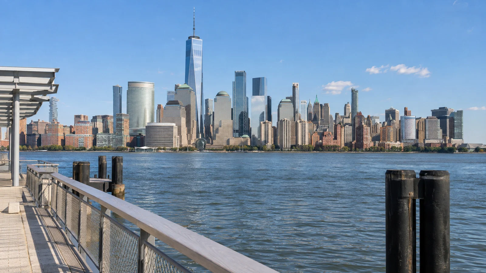 Lower Manhattan skyline across the Hudson River from a waterside pier
