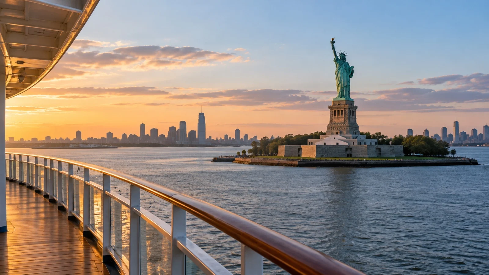 Statue of Liberty seen from empty cruise ship deck on New York sail-in