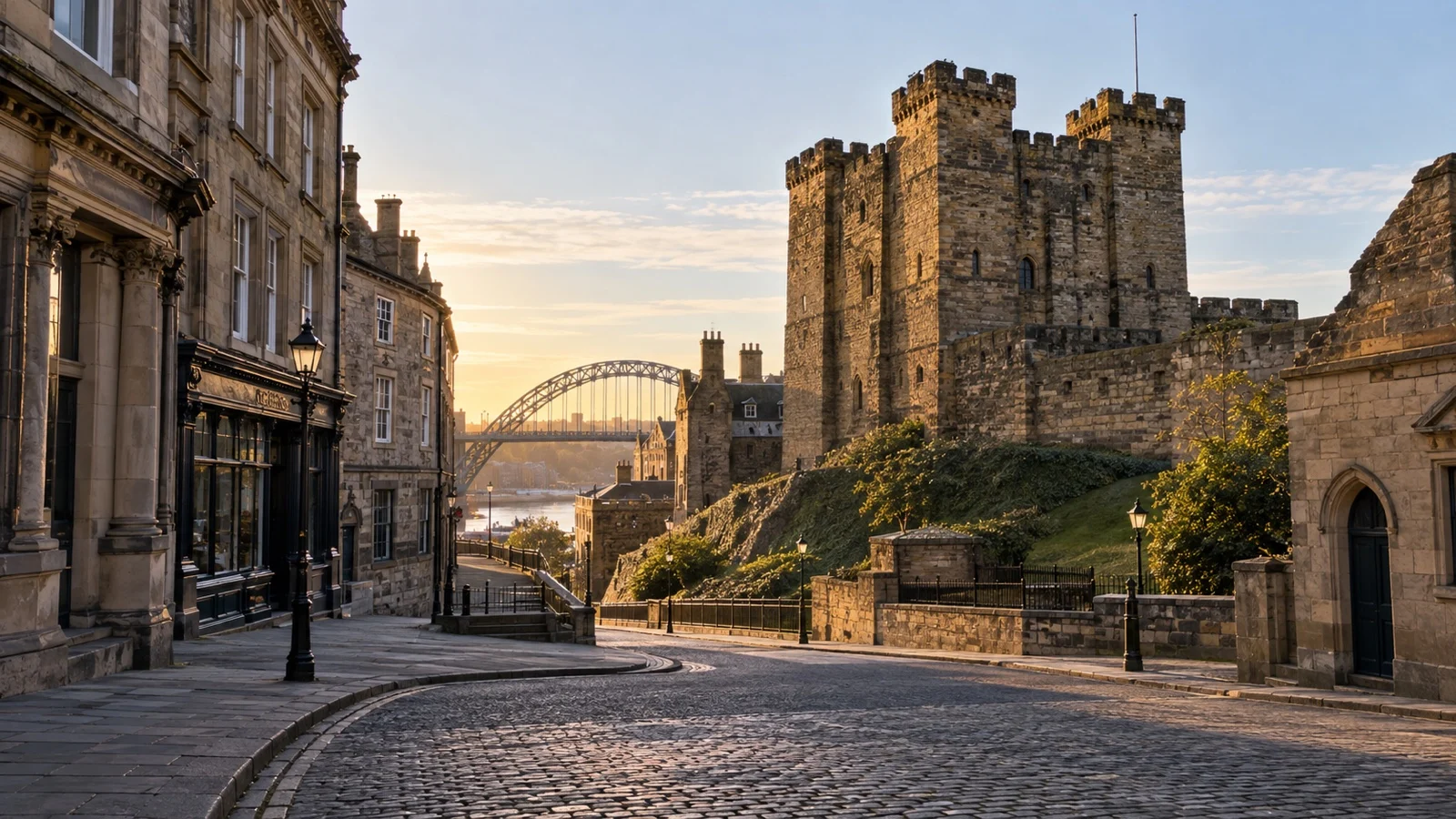 Newcastle Castle Keep beside quiet old city streets