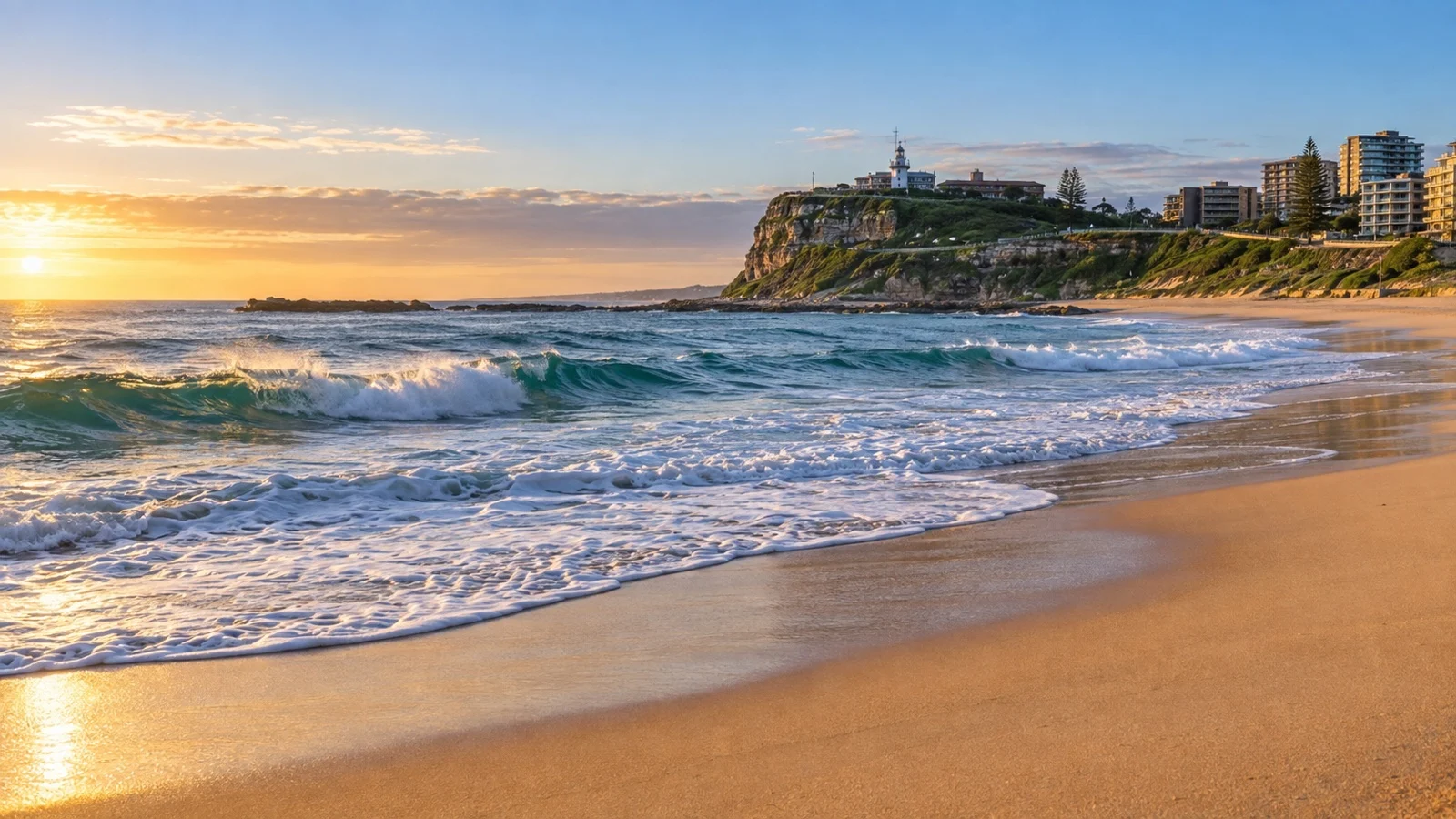 Empty Newcastle Beach with Pacific surf below the city headland
