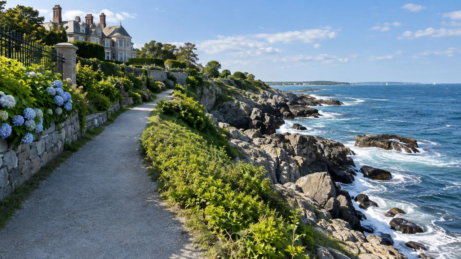 Empty Cliff Walk path beside rocky Atlantic shoreline and Newport mansion grounds