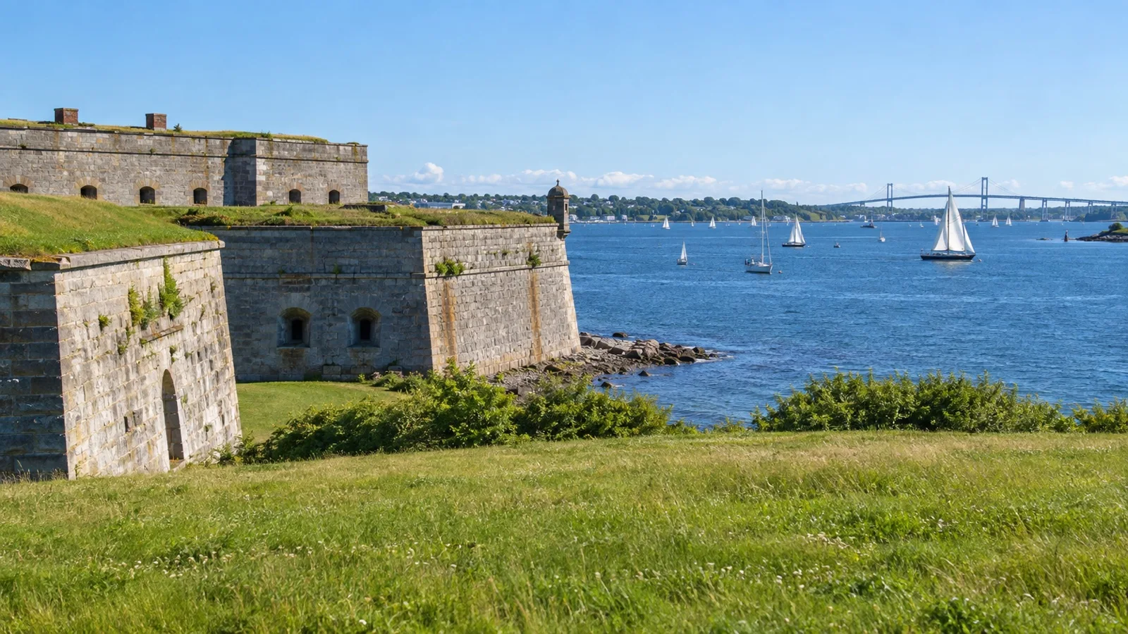 Fort Adams stone ramparts beside sailboats in Newport Harbor