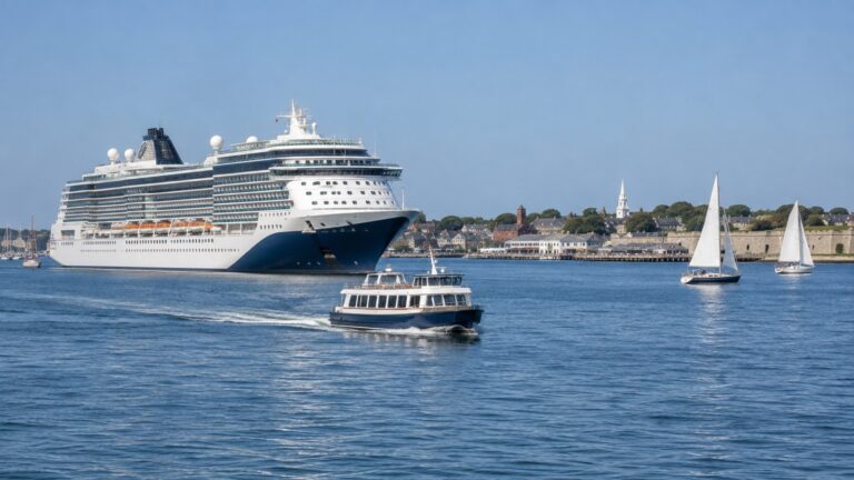 Passenger tender crossing Newport Harbor toward shore from an anchored cruise ship