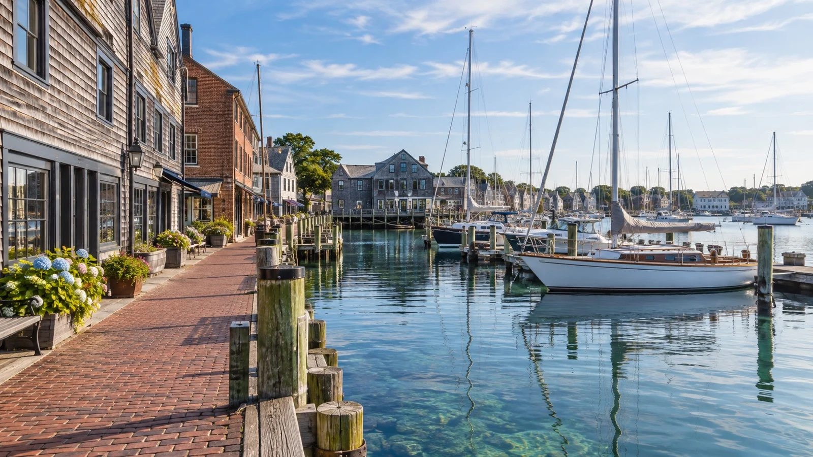 Newport downtown waterfront with brick walkway and moored sailboats