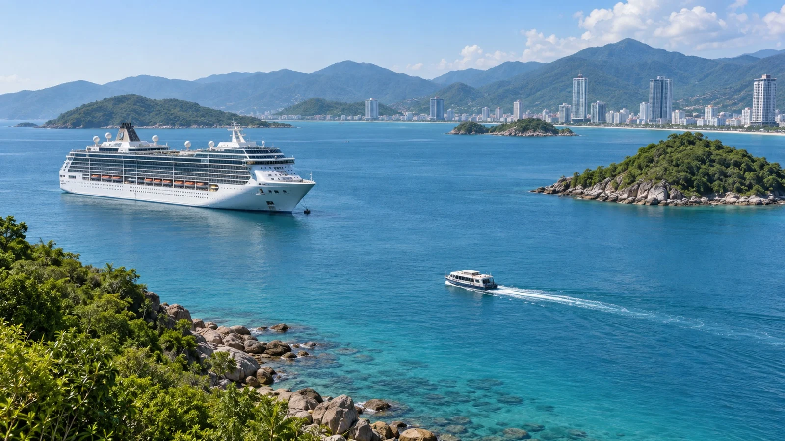 Tender boat crossing Nha Trang Bay from a cruise ship