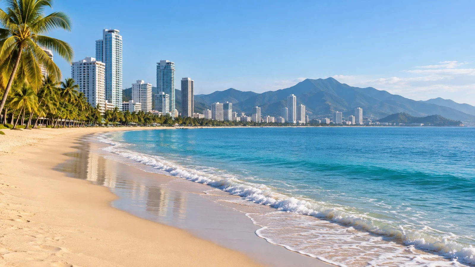 Empty Nha Trang city beach beneath palms and coastal buildings