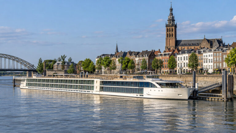 River cruise ship moored at Waalkade in Nijmegen on the Waal River