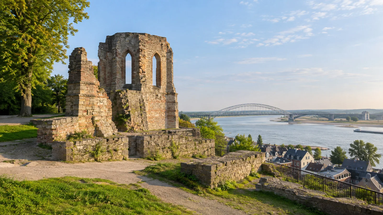 Valkhofpark's historic stone ruins overlooking the Waal