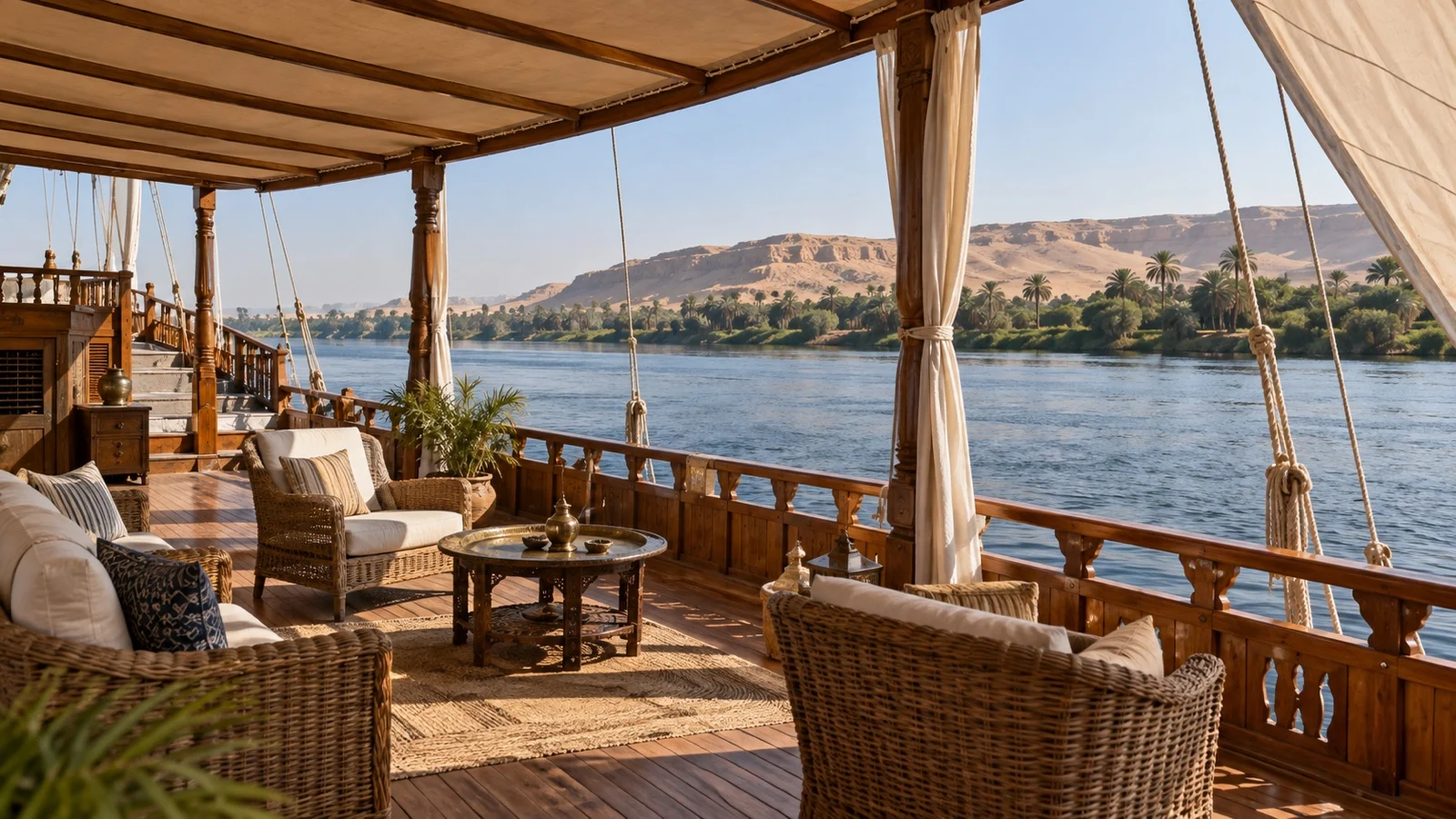 Empty shaded wooden deck of a Nile dahabiya