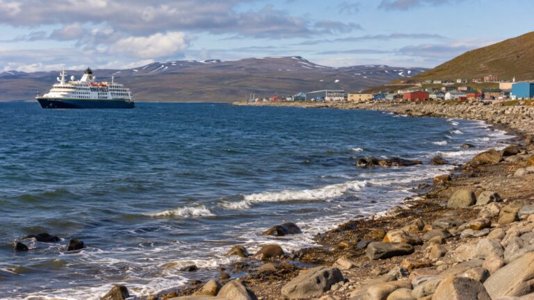 Expedition ship off Nome's Bering Sea shore