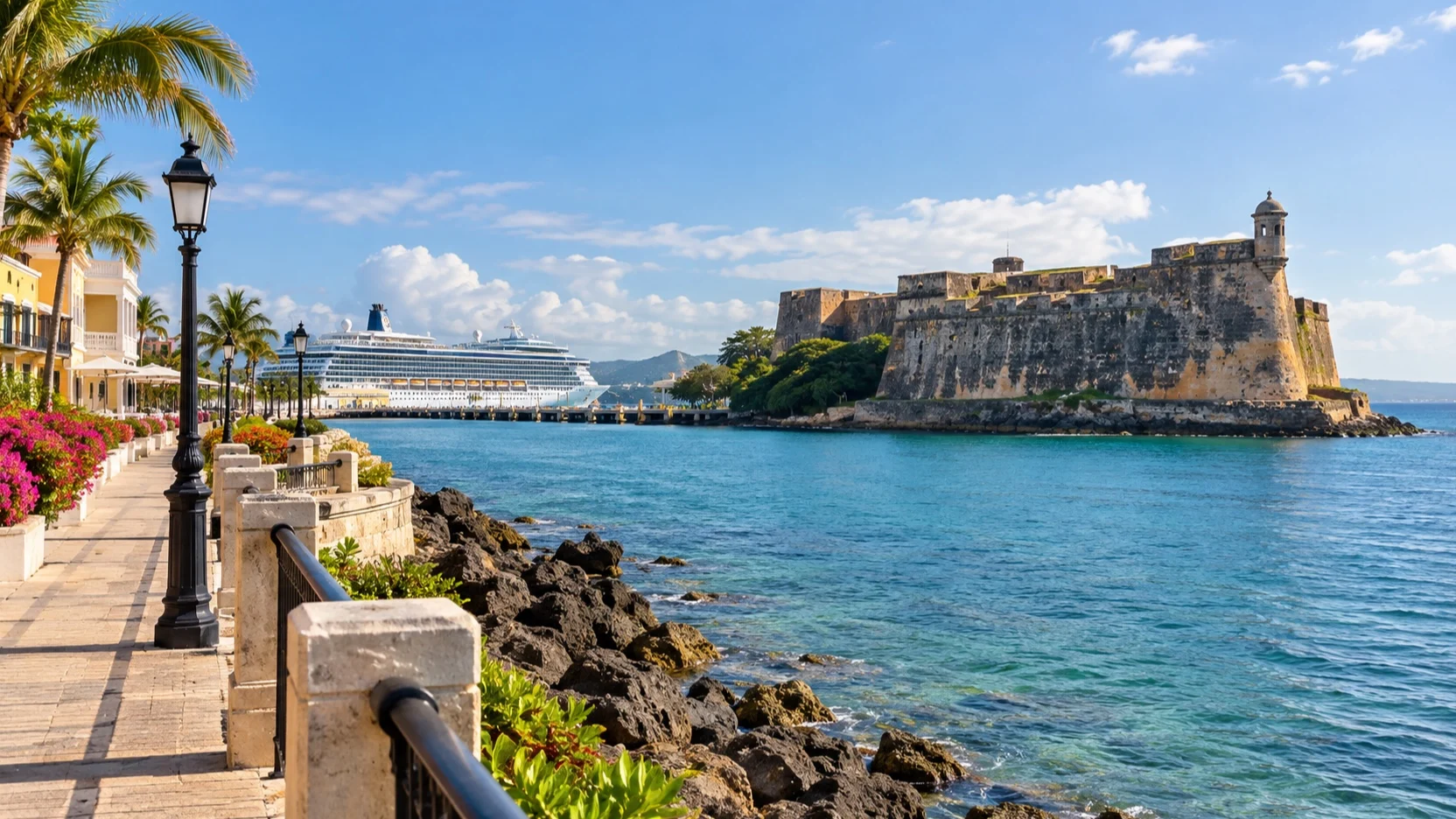 Historic coastal fort and dry-land promenade beside a cruise port