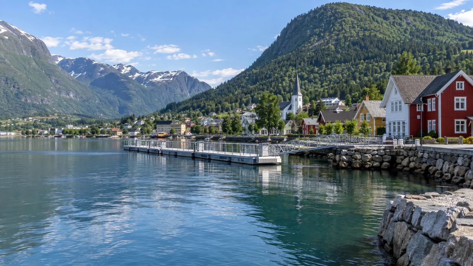 Nordfjordeid village beside the fjord and mountains