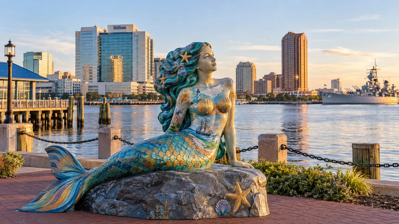 Decorative mermaid statue on Norfolk’s waterfront