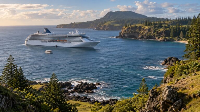 Cruise ship anchored offshore from Norfolk Island's rugged coast
