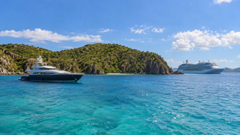 Small yacht and cruise ship anchored in The Bight at Norman Island, British Virgin Islands