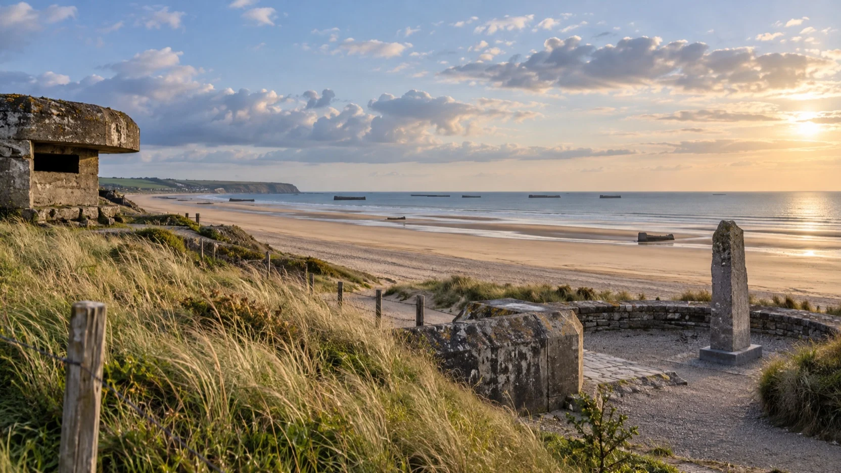Quiet Normandy landing beach with sand and coastal memorial landscape
