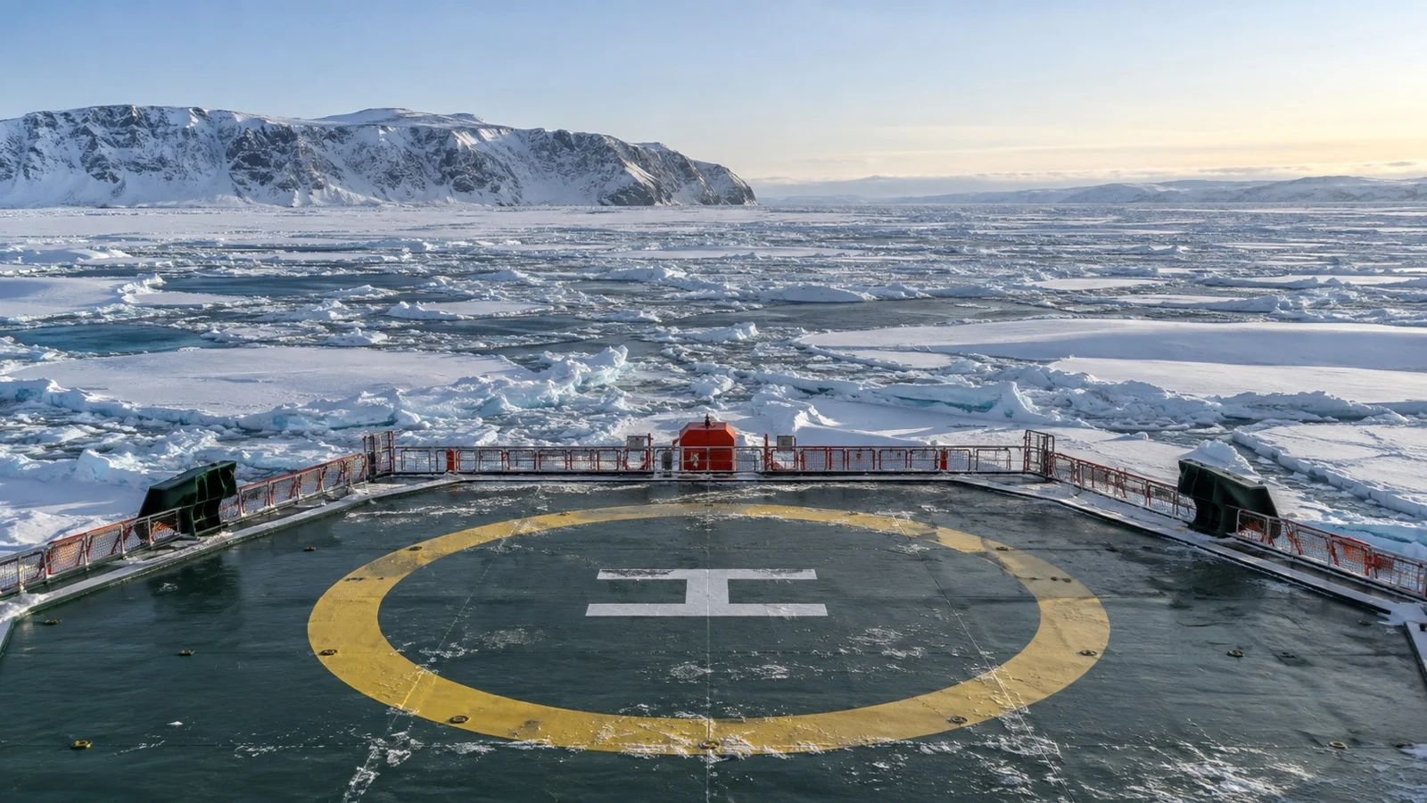 Icebreaker helicopter deck amid Arctic sea ice