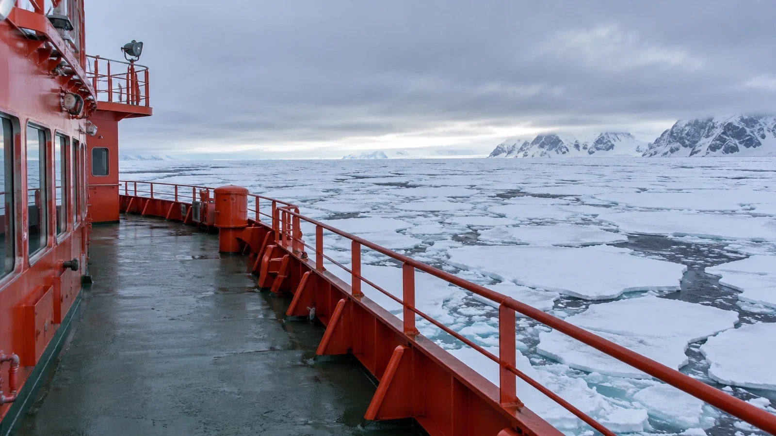 Empty observation deck of an Arctic icebreaker in pack ice