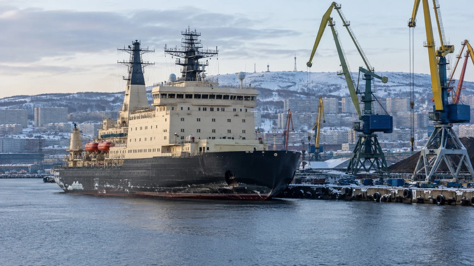 Murmansk Arctic port with an icebreaker at berth