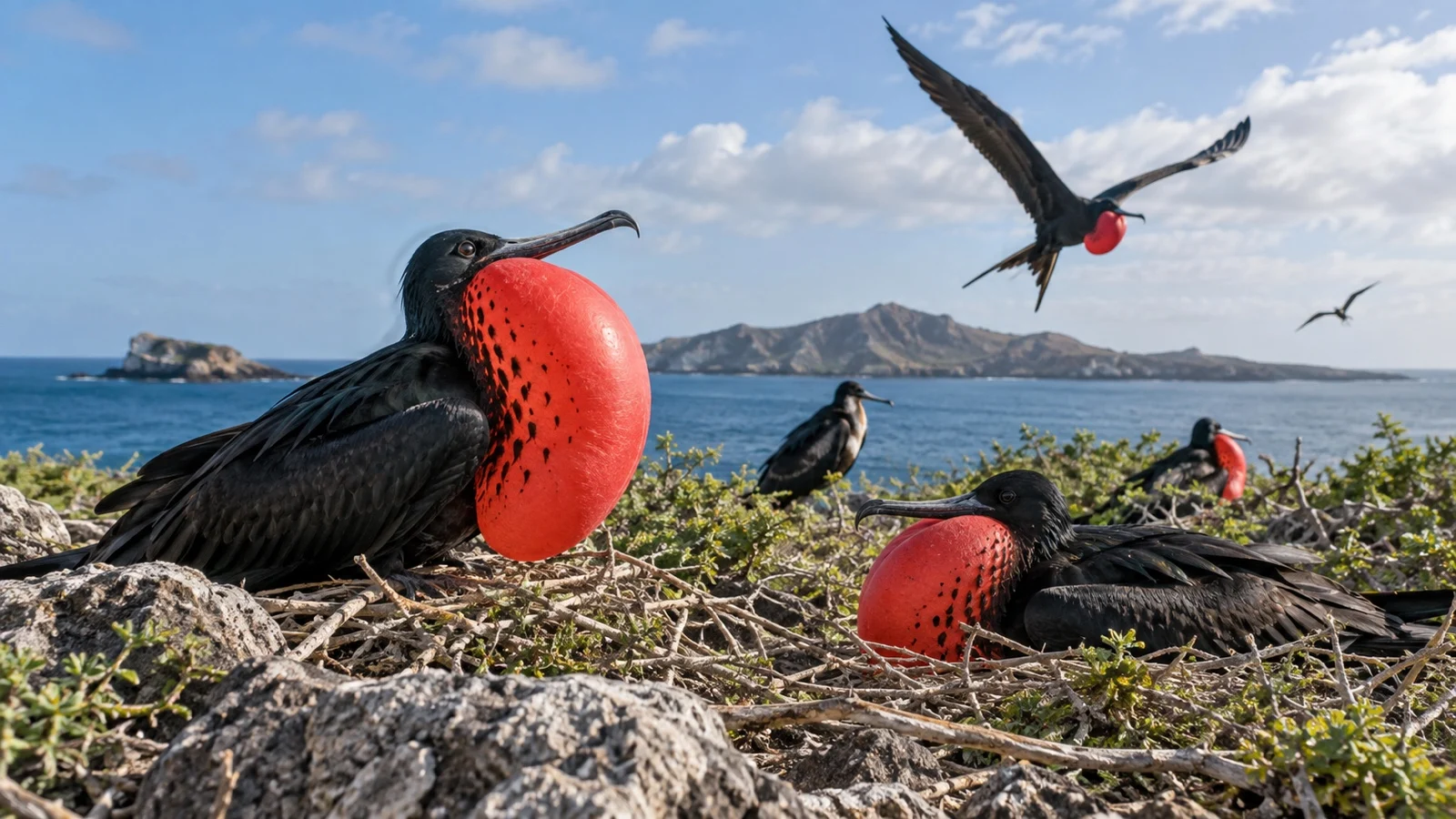 Frigatebirds with red throat pouches above nests