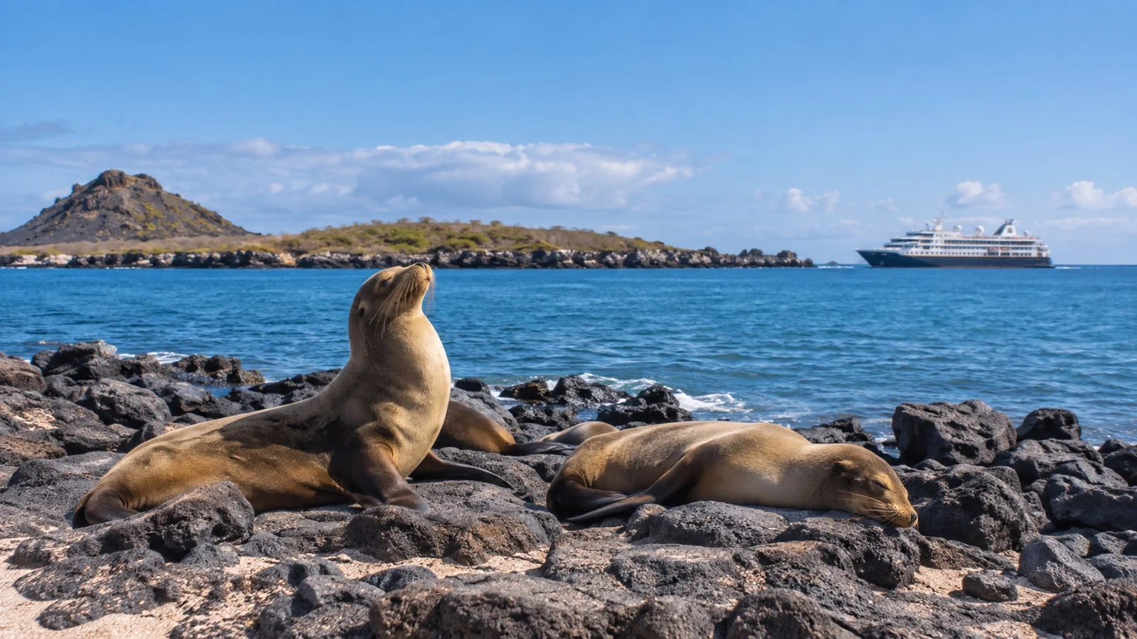 Sea lions resting on North Seymour shoreline