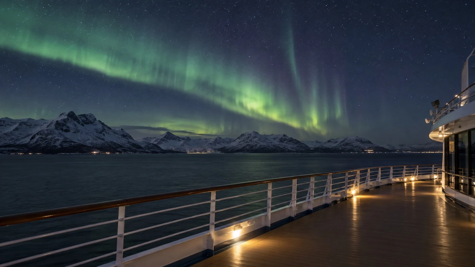 Empty cruise ship observation deck under aurora
