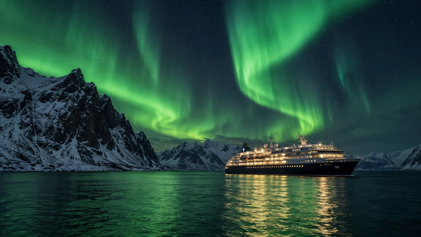 Aurora borealis above a cruise ship off Norway coast