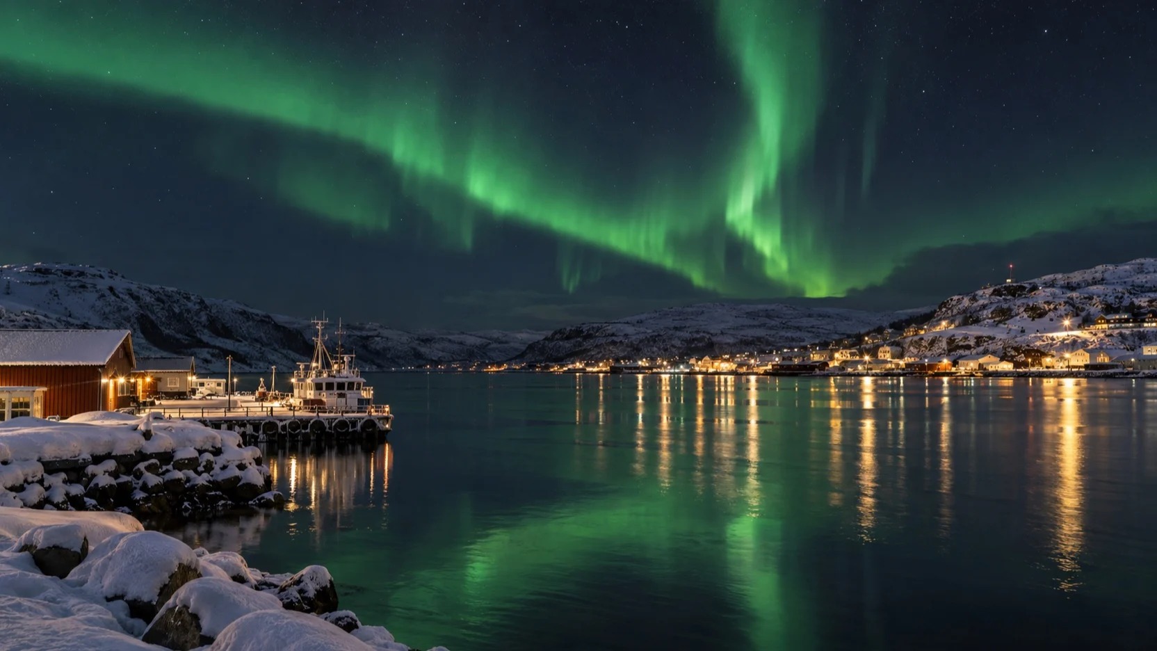 Northern lights illuminate a snow-covered harbor in Kirkenes, Norway