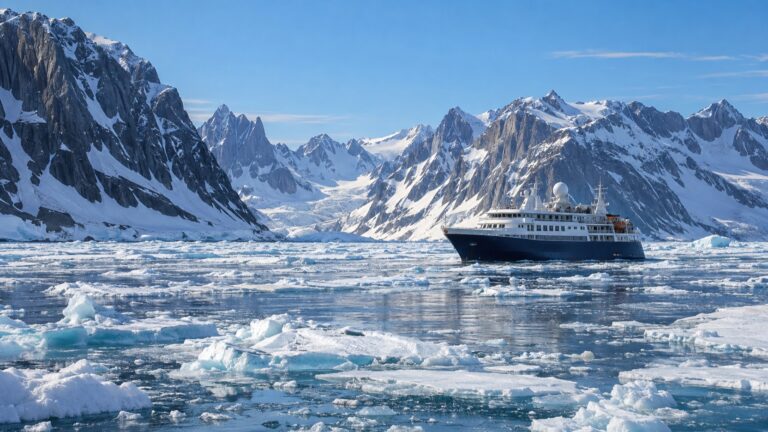 Expedition ship navigating the icy Northwest Passage