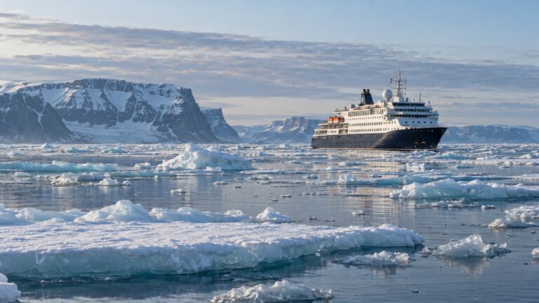 Expedition ship navigating Northwest Passage ice