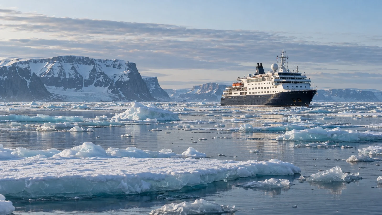 Expedition ship navigating Northwest Passage ice