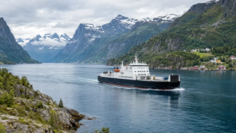 Norwegian coastal passenger and cargo ship sailing through a mountain fjord