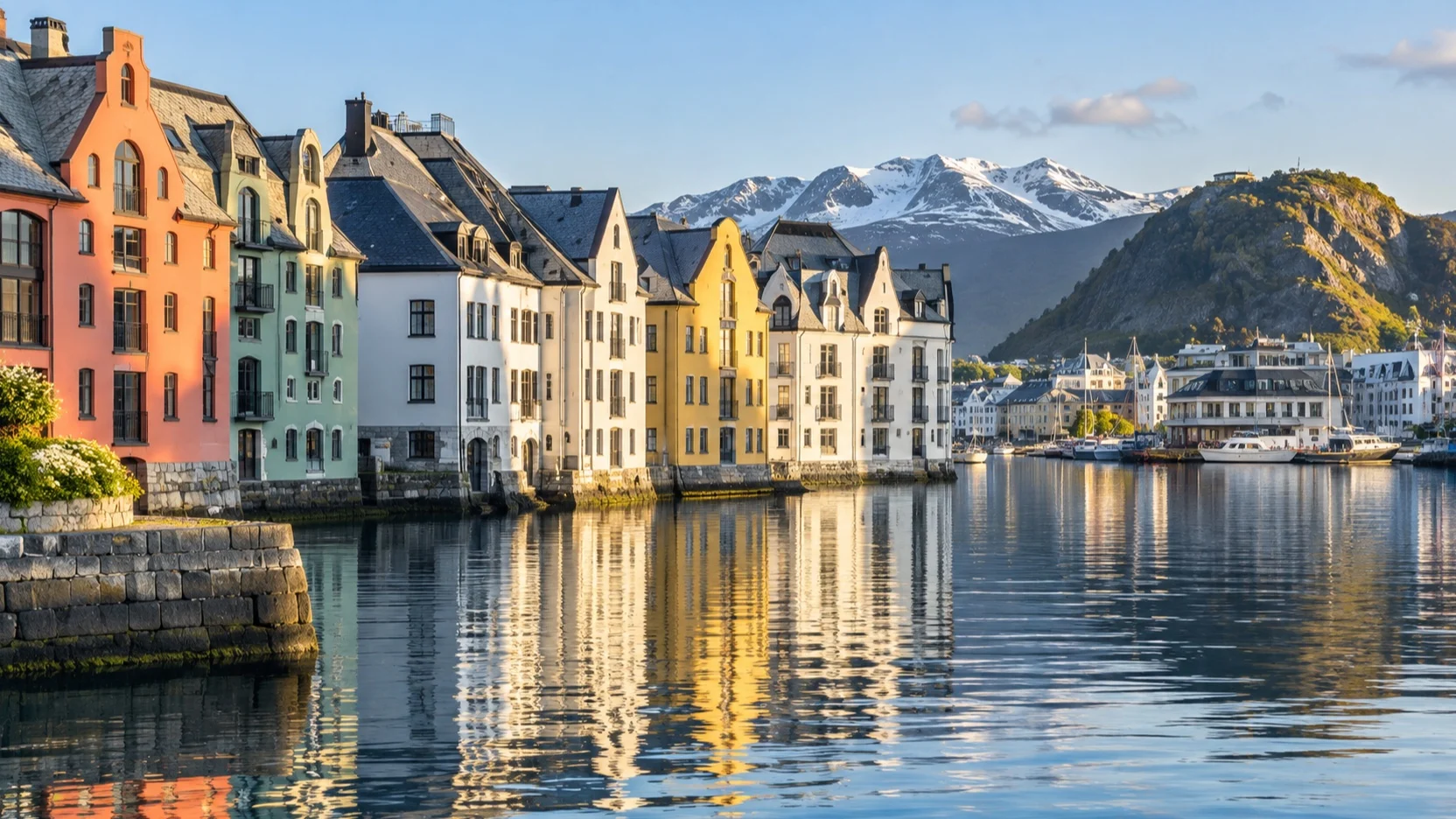Colorful Art Nouveau buildings line the harbor in Ålesund, Norway