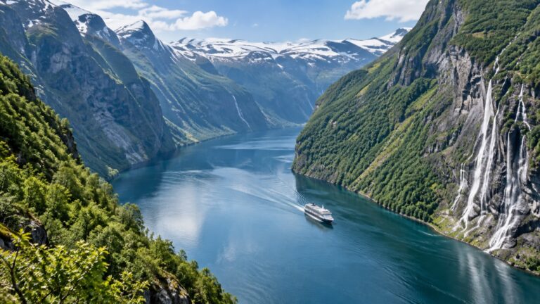 A cruise ship beneath steep cliffs and waterfalls in Norway's Geirangerfjord